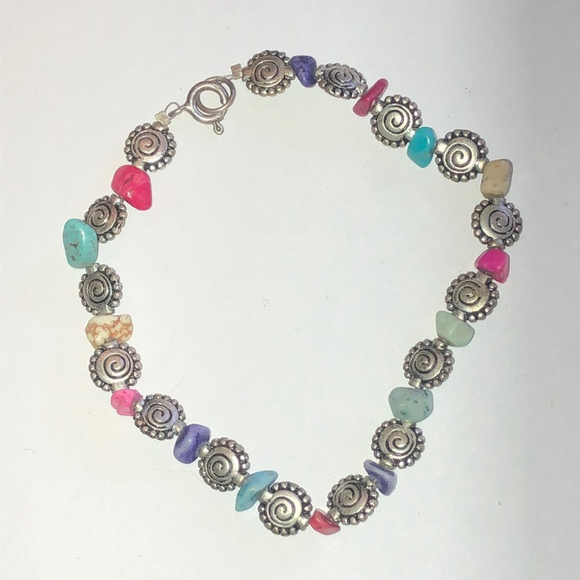 925 Sterling Silver Multicolor Semi Precious Stone Beaded Boho Ankle Bracelet - Picture 3 of 5